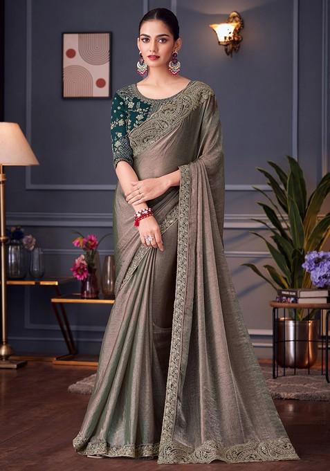 Grey Embroidered Blended Saree Set