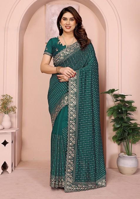 Green Embellished Blended Saree Set — view on Indya