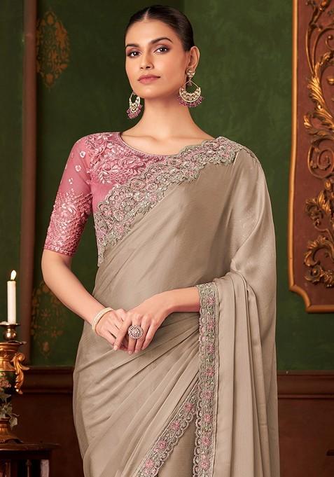 Beige Sequin Embellished Blended Saree Set