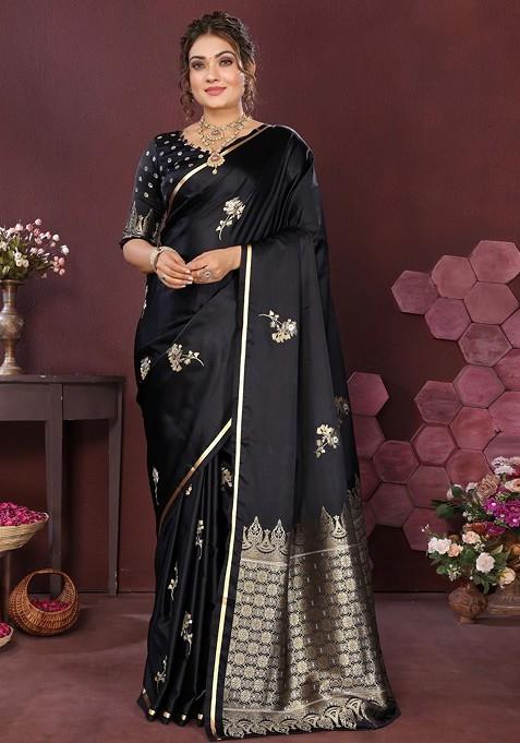 Black Jacquard Blended Saree Set — view on Indya