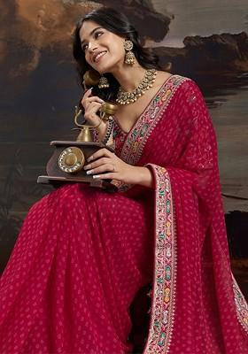 Maroon Embroidered Blended Saree Set