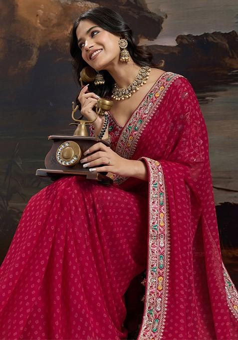 Maroon Embroidered Blended Saree Set