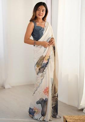 Cream Embroidered Blended Saree Set