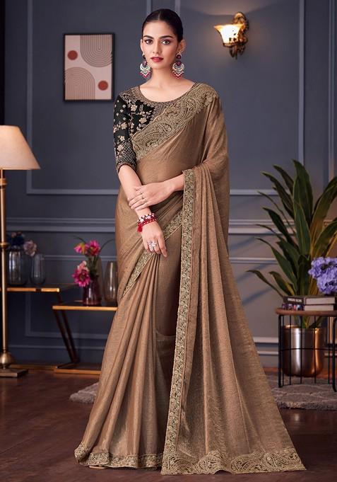 Rust Embellished Blended Saree Set — view on Indya