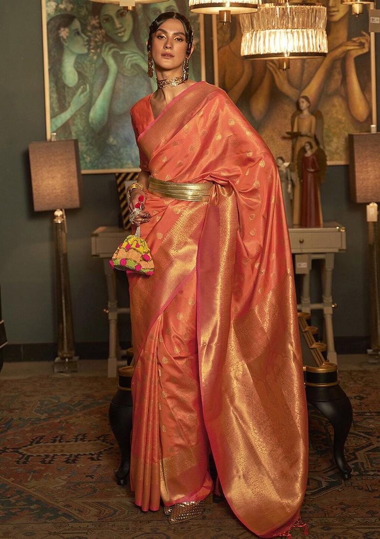 Peach Bagru Printed Blended Saree Set