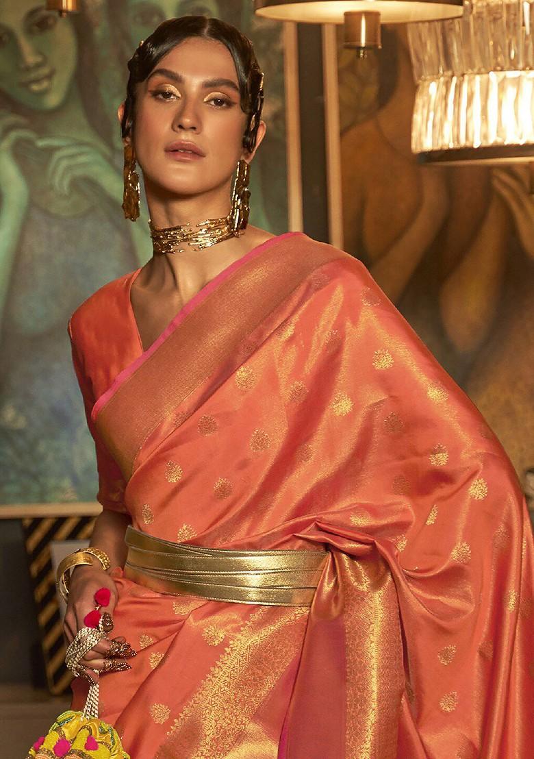 Peach Bagru Printed Blended Saree Set