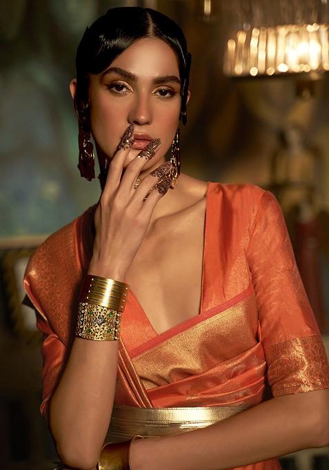 Peach Bagru Printed Blended Saree Set