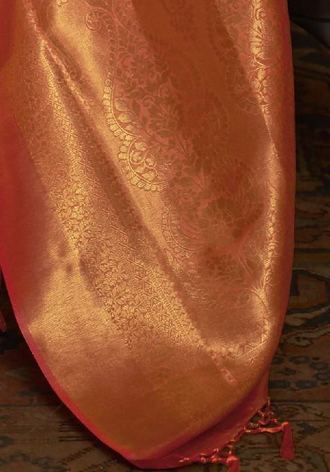 Peach Bagru Printed Blended Saree Set