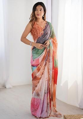 Beige Embroidered Blended Saree Set