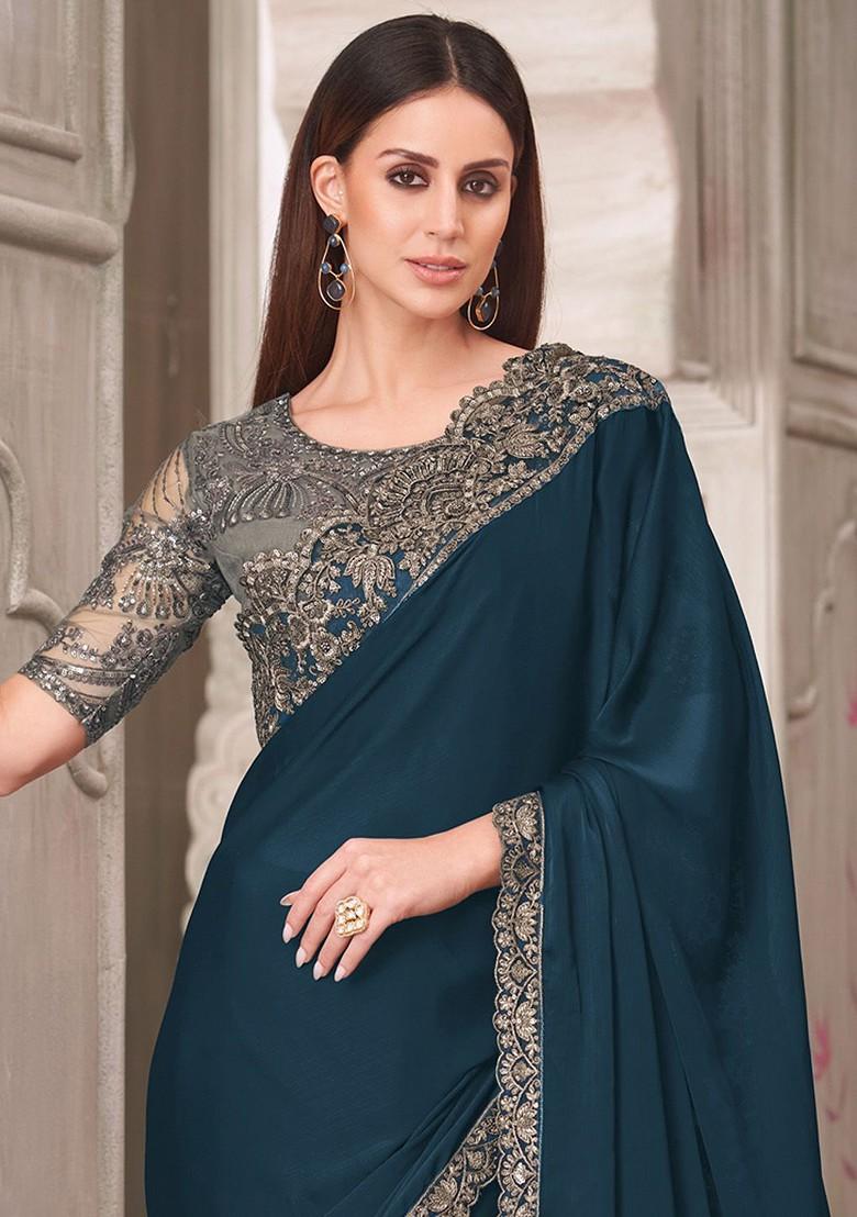Teal Embellished Blended Saree Set