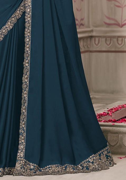 Teal Embellished Blended Saree Set