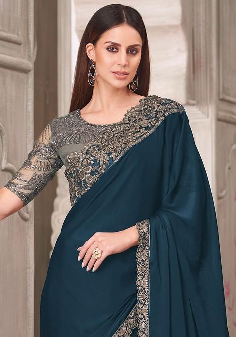 Teal Embellished Blended Saree Set