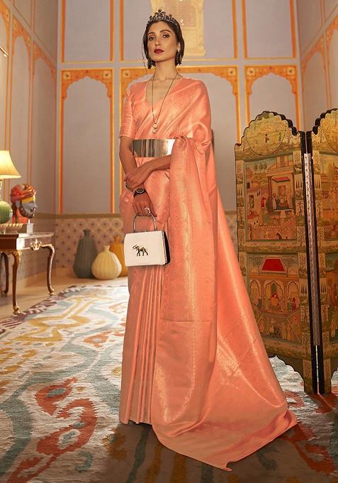Peach Printed Blended Saree Set — view on Indya