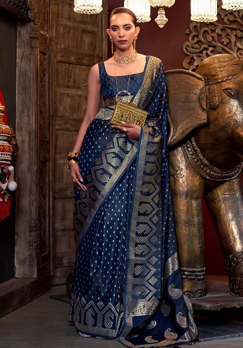 Navy Blue Embroidered Blended Saree Set