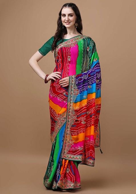 Fuchsia Printed Blended Saree Set