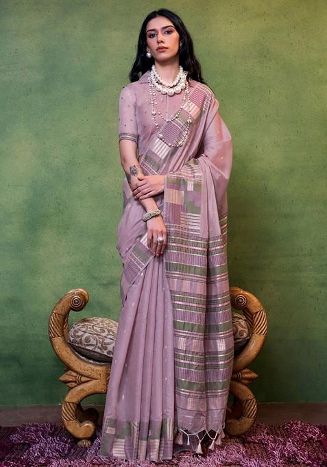 Mauve Jacquard Blended Saree Set