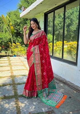 Red Embroidered Blended Saree Set