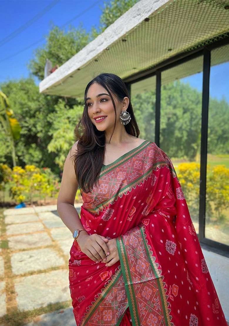 Red Embroidered Blended Saree Set for Diwali and Festive Wear - Indya