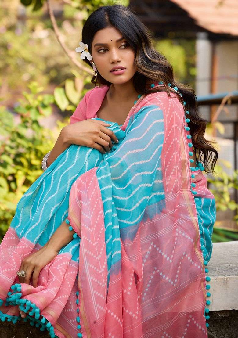 Blue Blended Saree Set with Printed for Diwali | Wedding & Festive Wear - Indya