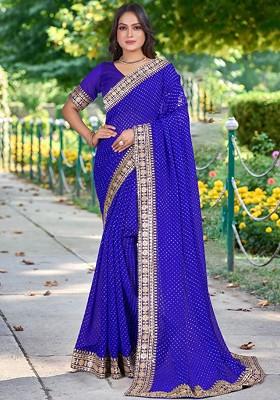 Blue Printed Blended Saree Set
