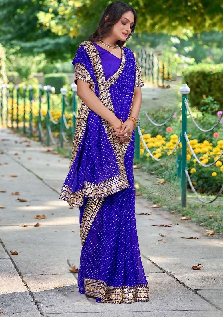 Blue Printed Blended Saree Set - Indya