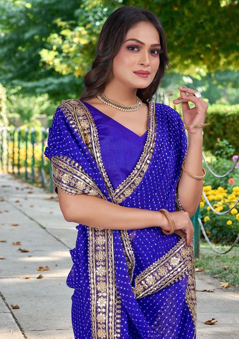 Blue Printed Blended Saree Set - Indya
