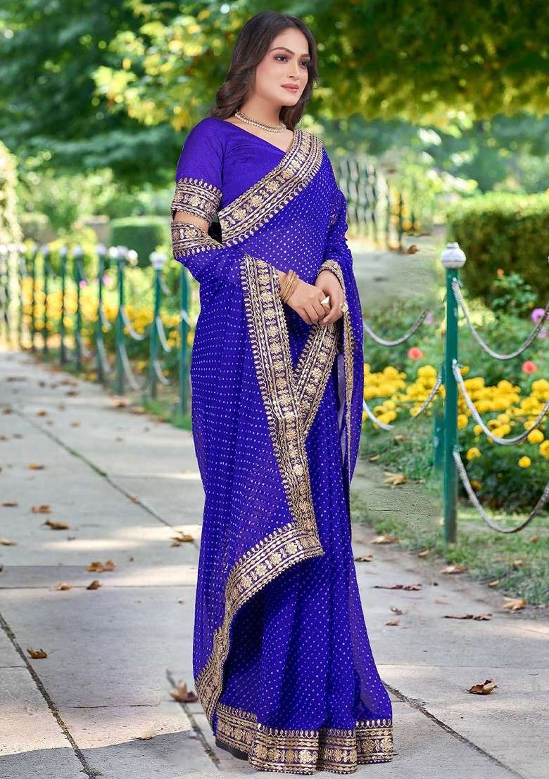 Blue Printed Blended Saree Set - Indya