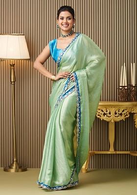 Green Embroidered Blended Saree Set