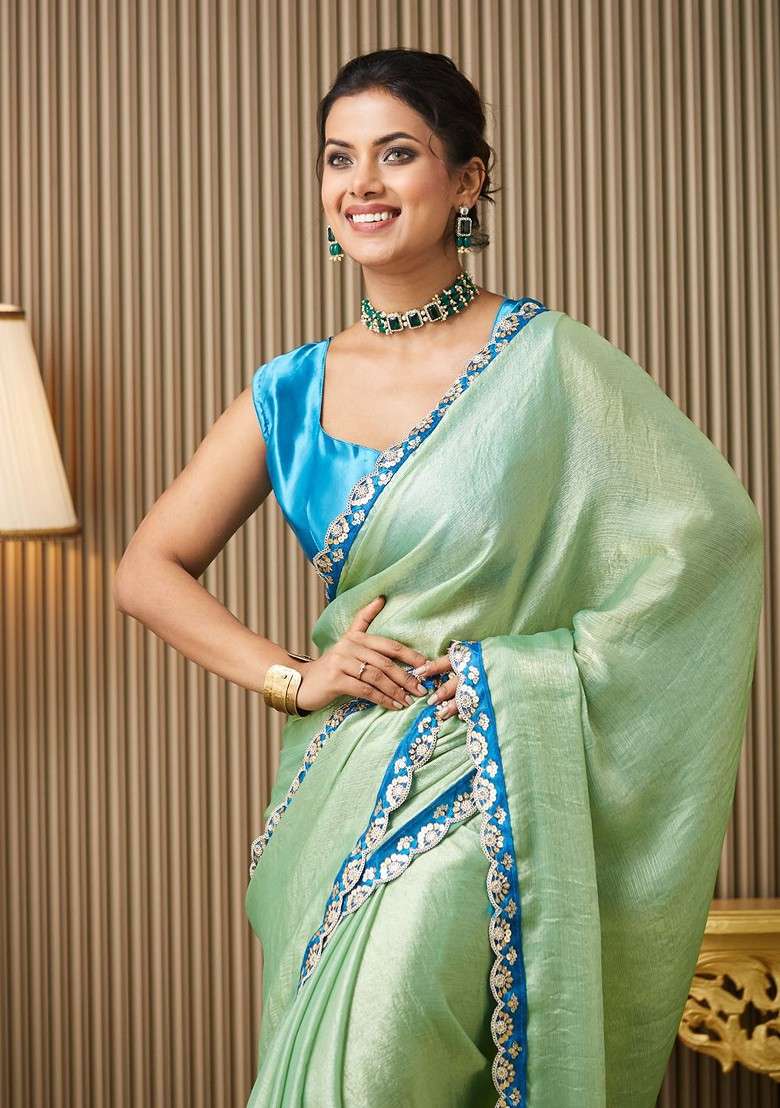 Green Blended Saree Set with Embroidered for Diwali | Wedding & Festive Wear - Indya