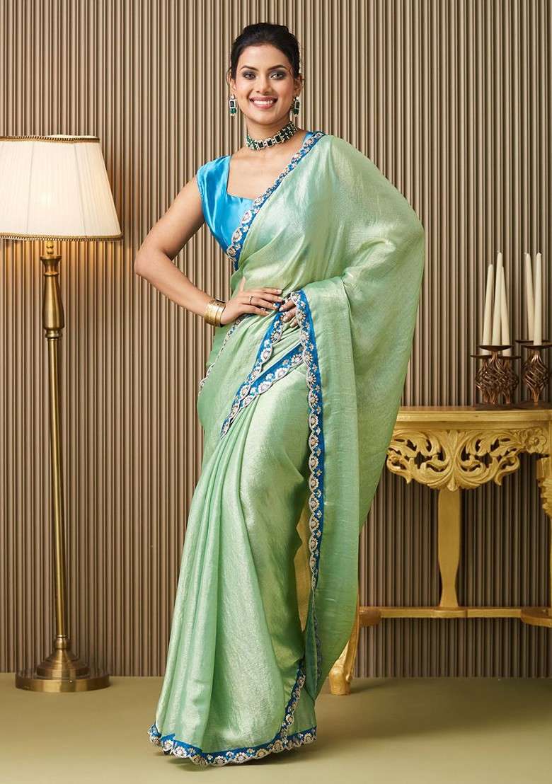 Green Blended Saree Set with Embroidered for Diwali | Wedding & Festive Wear - Indya