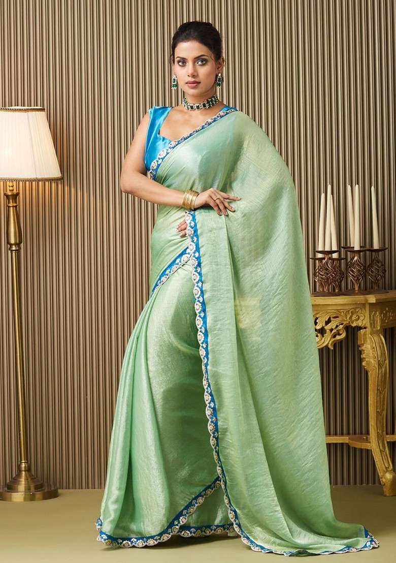 Green Blended Saree Set with Embroidered for Diwali | Wedding & Festive Wear - Indya