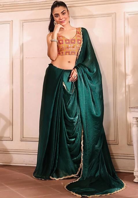 Green Embellished Blended Saree Set — view on Indya