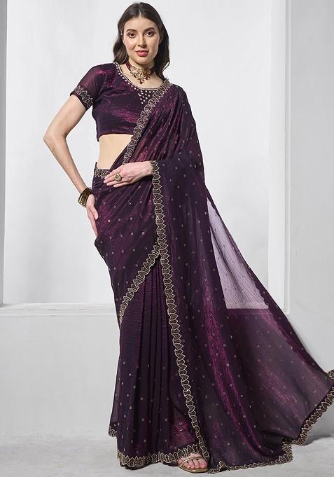 Burgundy Embellished Blended Saree Set — view on Indya