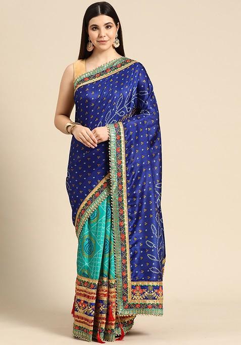Navy Blue Printed Blended Saree Set