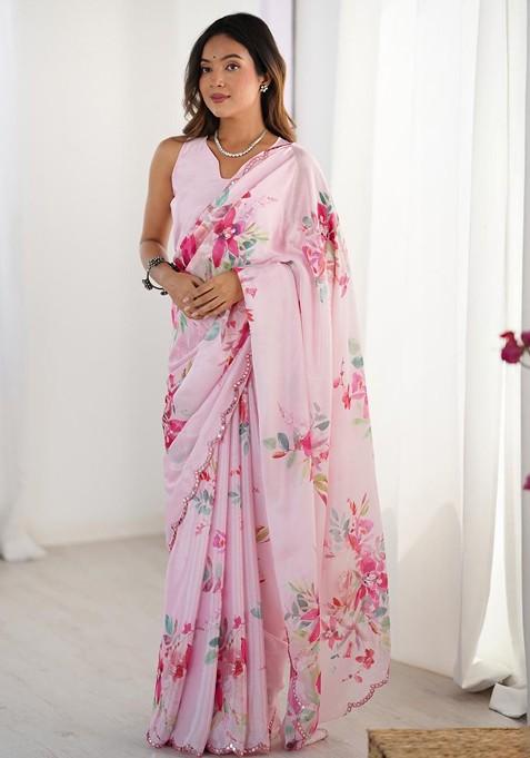 Navy Blue Printed Blended Saree Set — view on Indya
