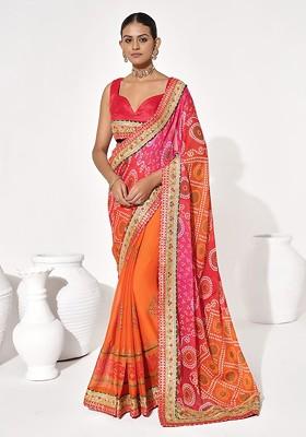 Red Printed Blended Saree Set