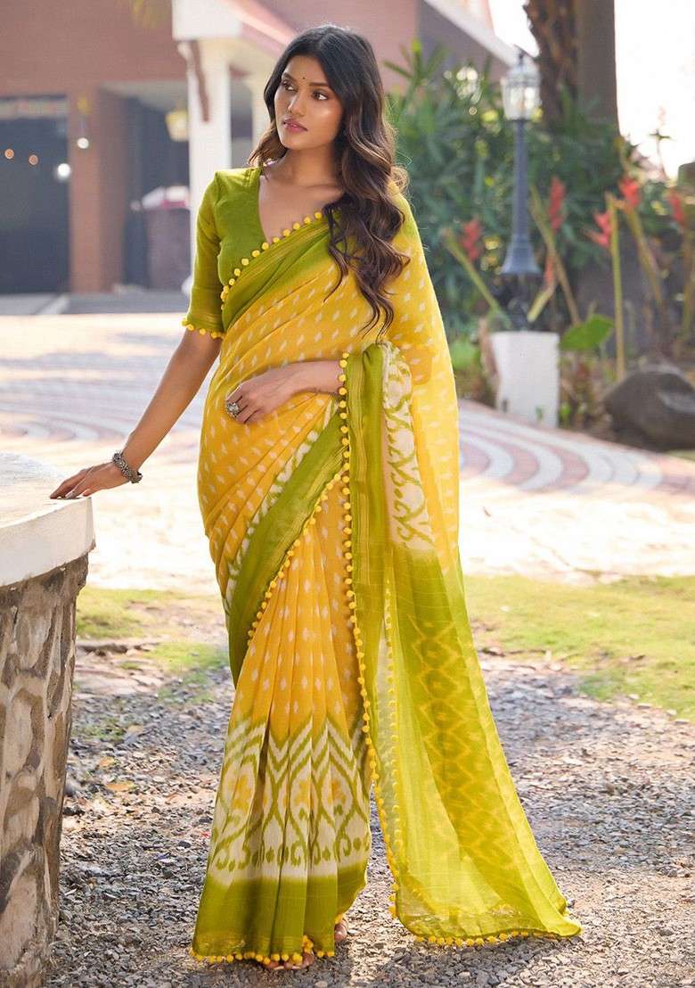 Yellow Printed Blended Saree Set - Indya