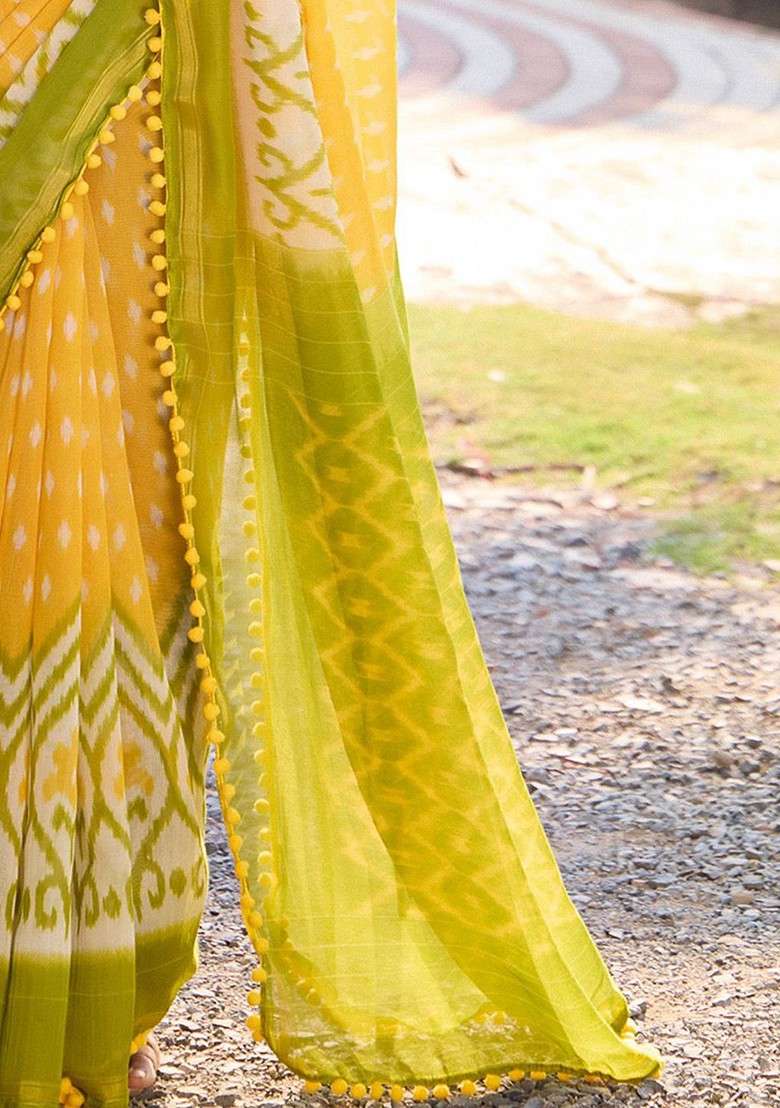 Yellow Printed Blended Saree Set - Indya