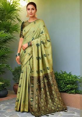 Sea Green Embroidered Blended Saree Set