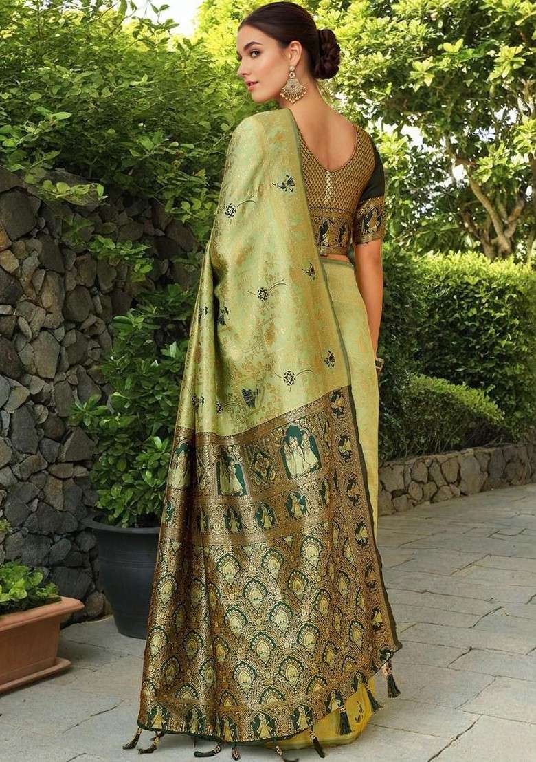 Sea Green Embroidered Blended Saree Set - Indya