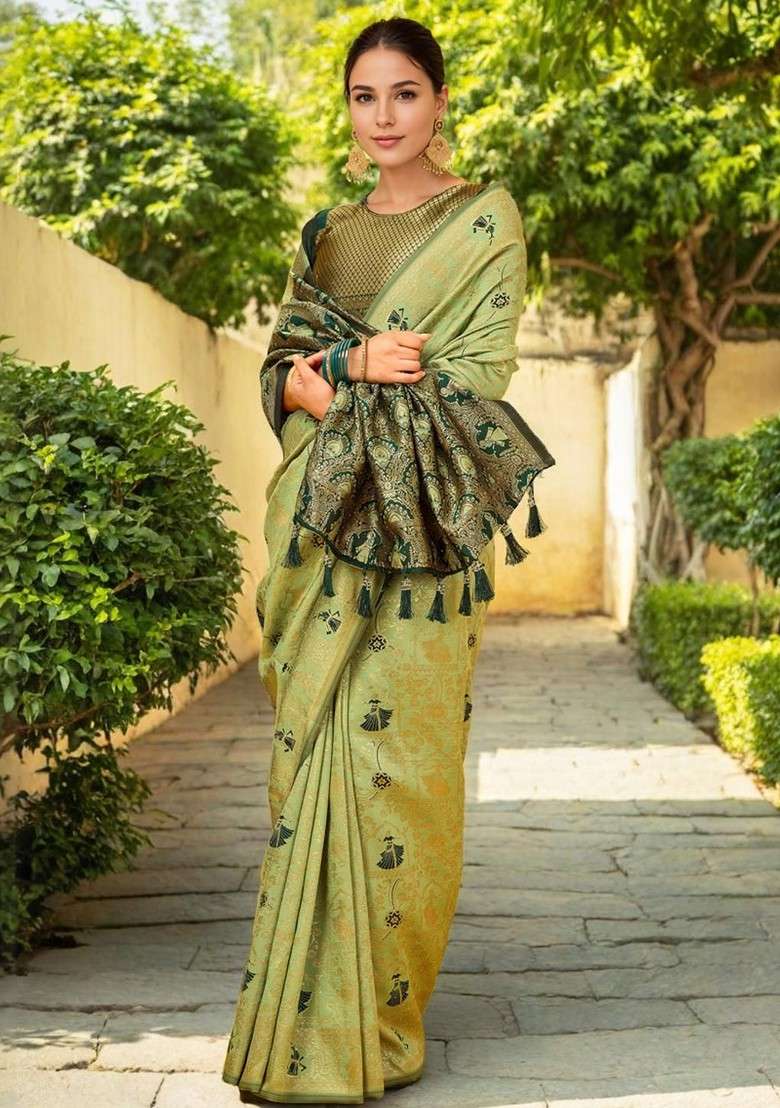 Sea Green Embroidered Blended Saree Set - Indya