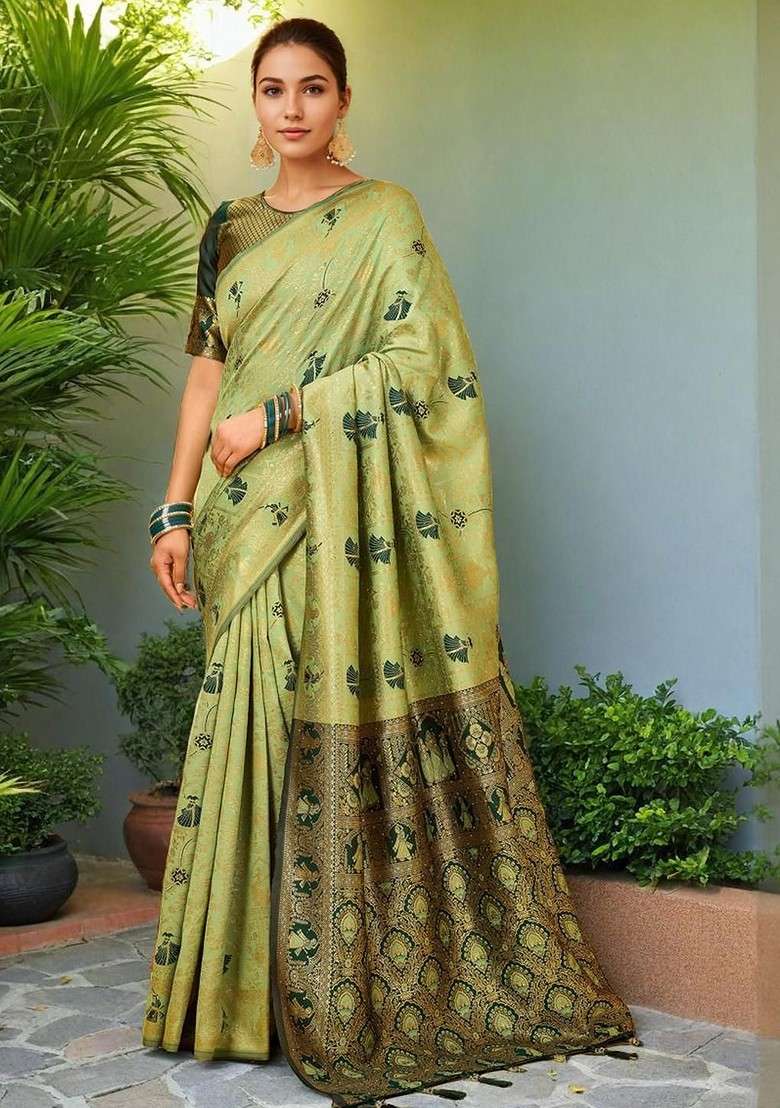 Sea Green Embroidered Blended Saree Set - Indya