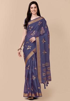 Navy Blue Printed Blended Saree Set