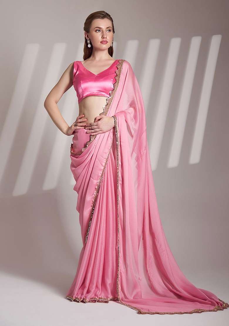 Pink Embellished Blended Saree Set with Sequin for Diwali | Wedding & Festive Wear - Indya