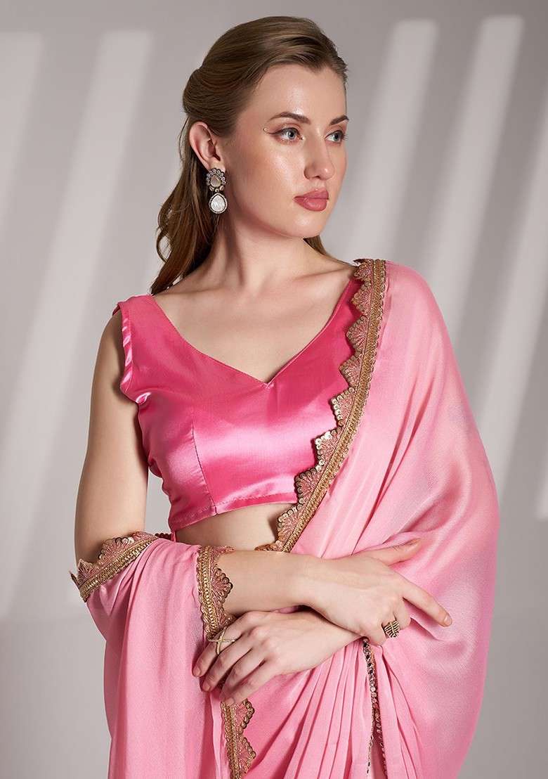 Pink Embellished Blended Saree Set with Sequin for Diwali | Wedding & Festive Wear - Indya