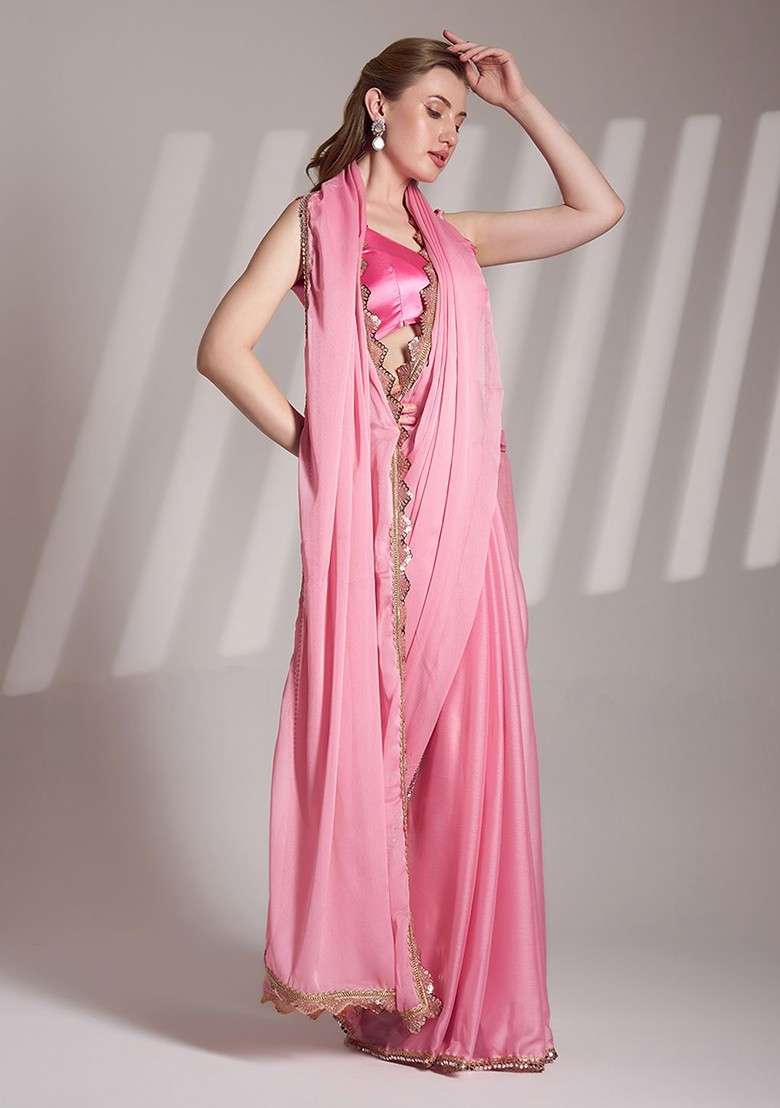 Pink Embellished Blended Saree Set with Sequin for Diwali | Wedding & Festive Wear - Indya