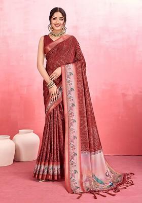 Maroon Embroidered Blended Saree Set
