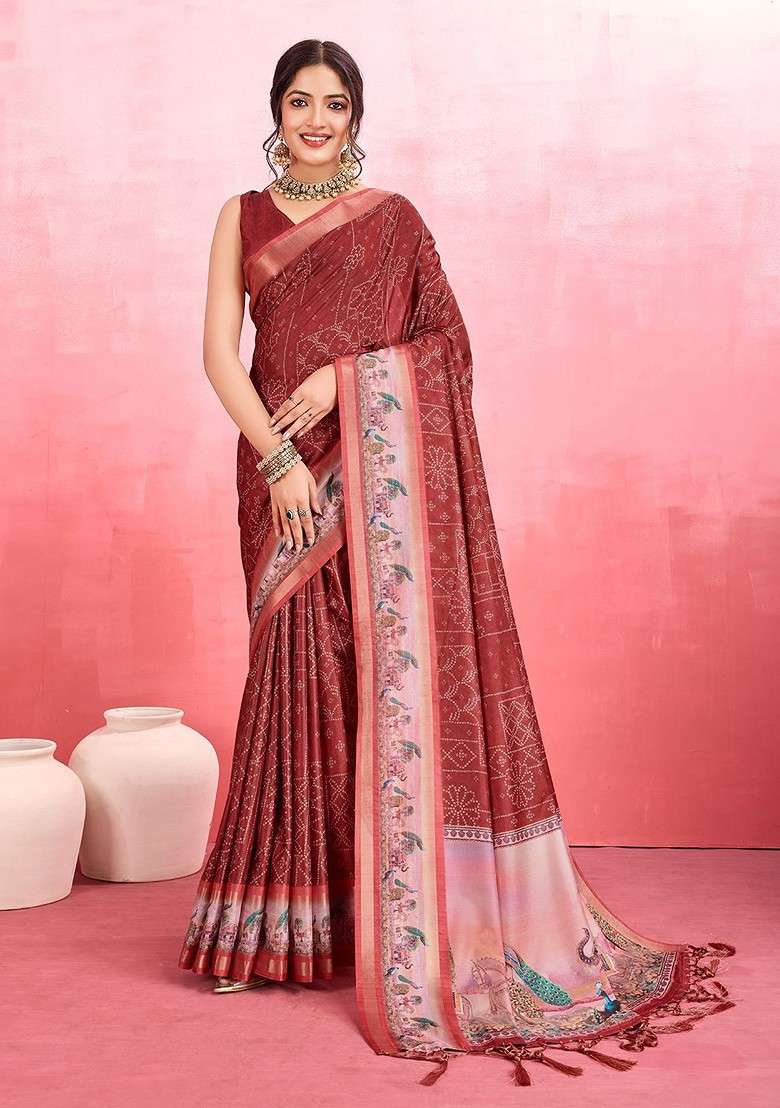 Maroon Embroidered Blended Saree Set - Indya