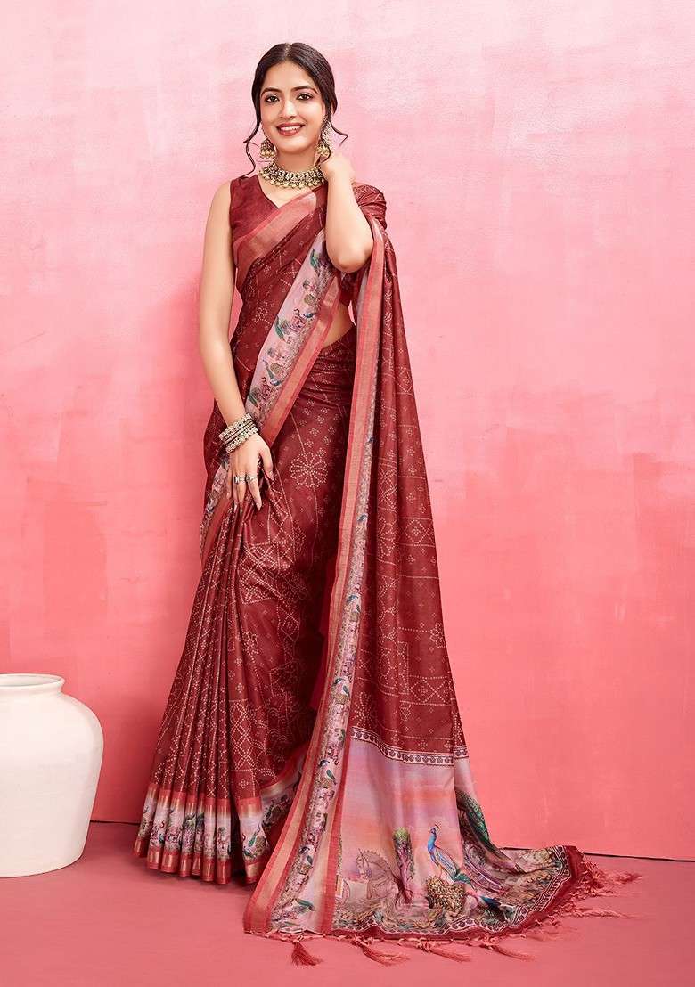 Maroon Embroidered Blended Saree Set - Indya