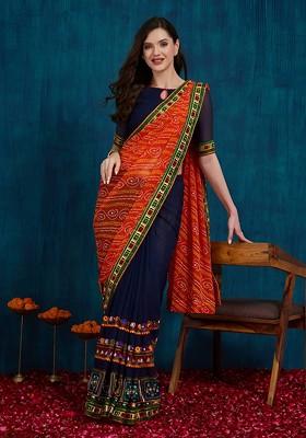 Red Printed Blended Saree Set